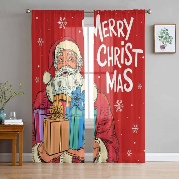 Merry Christmas Sheer Curtains 63 Inches Long, Santa Claus Winter Xmas Gifts Snowflakes Light Filtering Window Curtains for Living Room, Rod Pocket Voile Sheer Curtain Drapes, 52"Wx63"L, 2 Panels