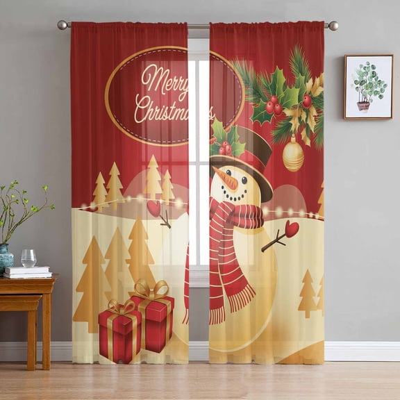 Merry Christmas Sheer Curtains 63 Inches Long, Winter Snowman Gold Pine Tree Berry Ball Light Filtering Window Curtains for Living Room, Rod Pocket Voile Sheer Curtain Drapes, 52"Wx63"L, 2 Panels
