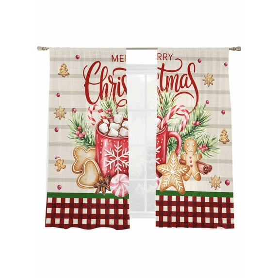 Merry Christmas Sheer Curtains 63 inches Long, Hot Cocoa Gingerbread Man Vintage Plaid Light Filtering Sheer Window Curtains Rod Pocket Voile Drapes for Bedroom Living Room, 2 Panels 52"W x 63"L