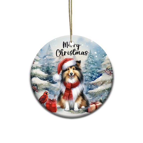 Merry Christmas Shetland Sheepdog Enjoys Woofmas Winter Xmas Holiday Ceramic Round Ornament Sheltie Dog Lover Gifts Home Tree Decor - 02022