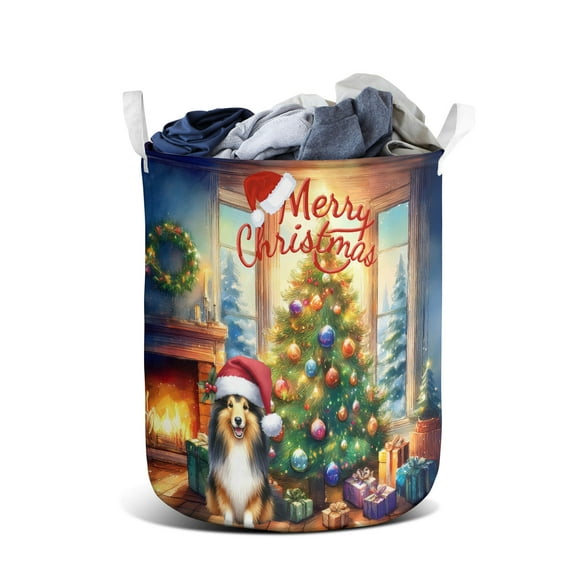 Merry Christmas Shetland Sheepdog Santa Hat Xmas Tree Winter Holiday Foldable Laundry Basket Sheltie Dog Lover Gifts Organizer Storage with Handles - 01013