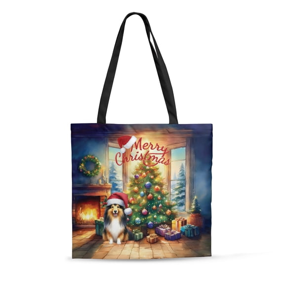 Merry Christmas Shetland Sheepdog Santa Hat Xmas Tree Winter Holiday All Over Print 3D Canvas Tote Bag Sheltie Dog Lover Gifts Reusable Handbag - 01013