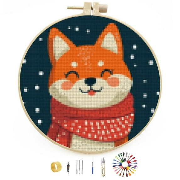 Merry Christmas Shiba Inu Dog DIY Stamped Cross Stitch Kits Easy for Beginners with Hoop 11CT Counted Embroidery Needlepoint Crafts Arts for Handmade Enthusiasts and Home Decor 30x30cm(12)