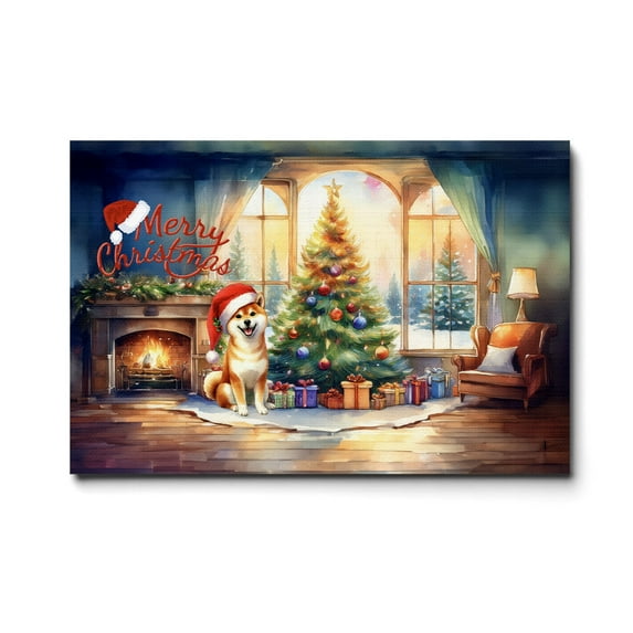 Merry Christmas Shiba Inu Santa Hat Xmas Tree Winter Holiday Horizontal Matte Canvas Poster Shibas Dog Lovers Gifts Idea Wall Art Home Decor - 01013