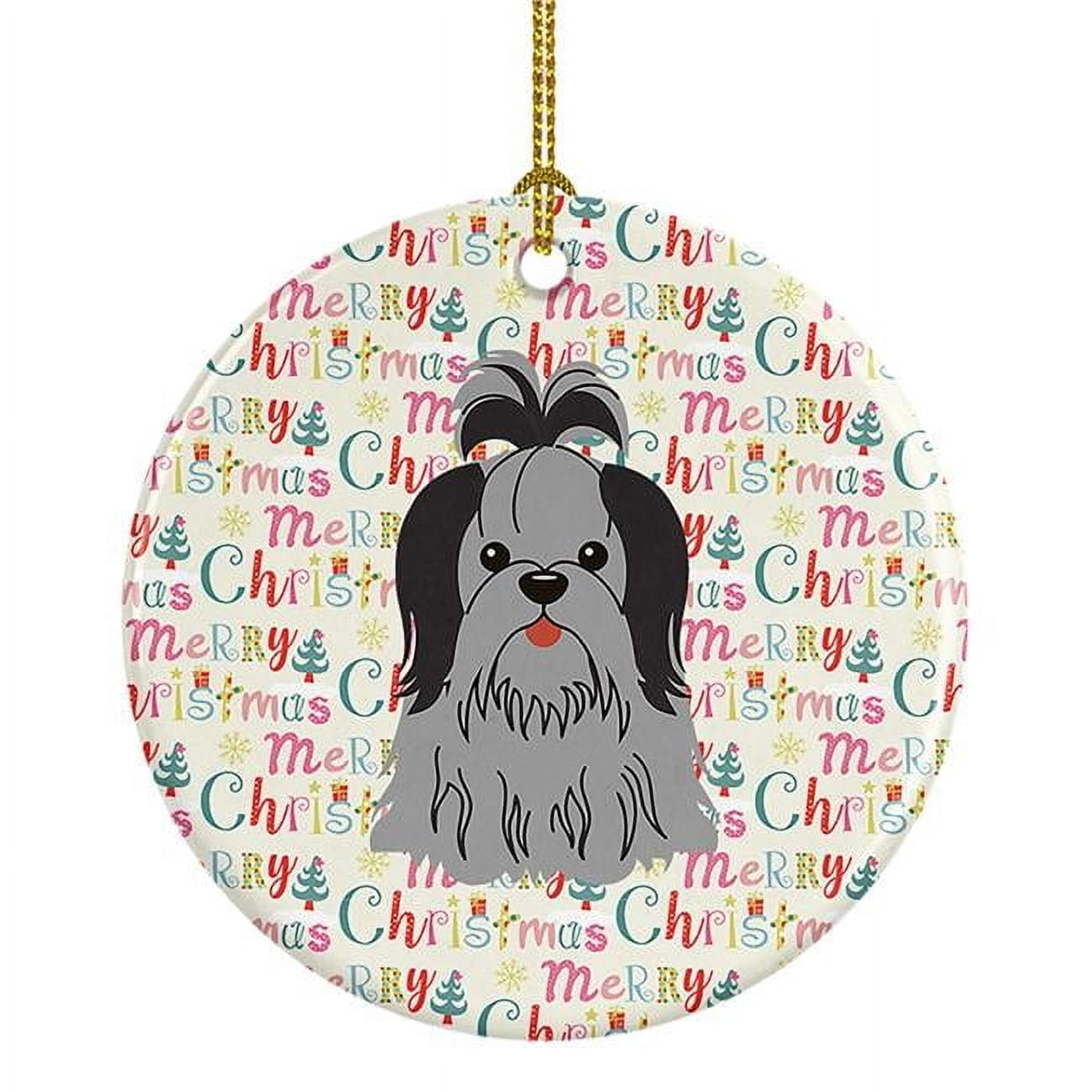 Merry Christmas Shih Tzu Black Silver Ceramic Ornament 2.8 in x 2.8 in