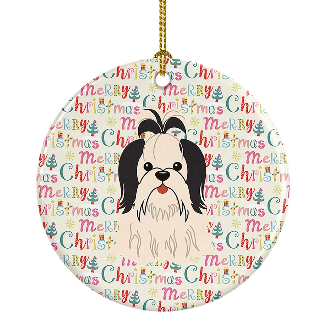 Merry Christmas Shih Tzu Black White Ceramic Ornament 2.8 in x 2.8 in