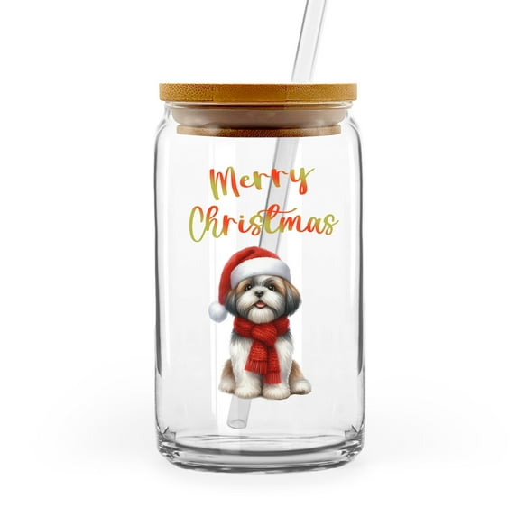 Merry Christmas Shih Tzu Enjoys Woofmas Winter Xmas Holiday 16oz Glass Cup Mug Lion Dog Lover Gifts Glass Can with Bamboo Lid and Straw - 02022