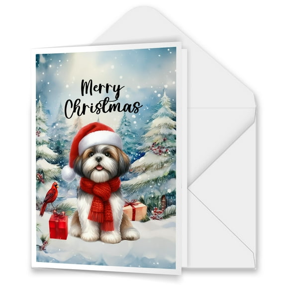 Merry Christmas Shih Tzu Enjoys Woofmas Winter Xmas Holiday 5x7in Folded Greeting Card Lion Dog Lover Gifts Single Note Card with Envelope - 02022