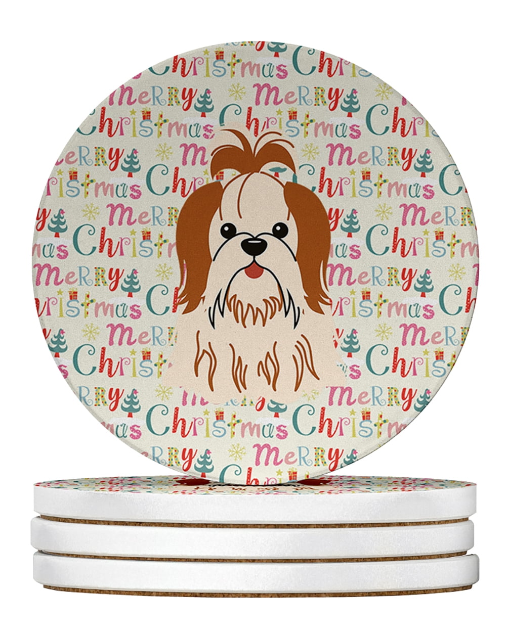 Merry Christmas Shih Tzu Red White Large Sandstone Coasters Pack of 4 4 in x 4 in