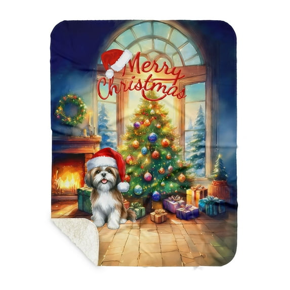 Merry Christmas Shih Tzu Santa Hat Xmas Tree Winter Holiday Cozy Sherpa Blanket Lion Dog Lover Gifts Warm Soft Throw Blanket - 01013