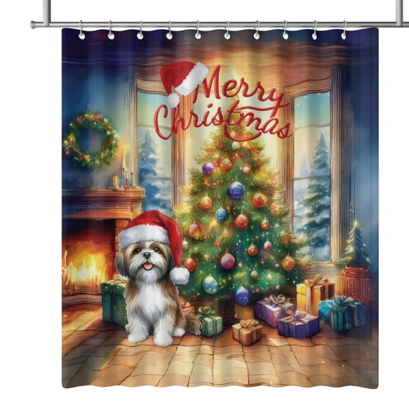 Merry Christmas Shih Tzu Santa Hat Xmas Tree Winter Holiday Shower Curtain Lion Dog Lover Gifts Waterproof Bathroom Bathtub Curtain - 01013