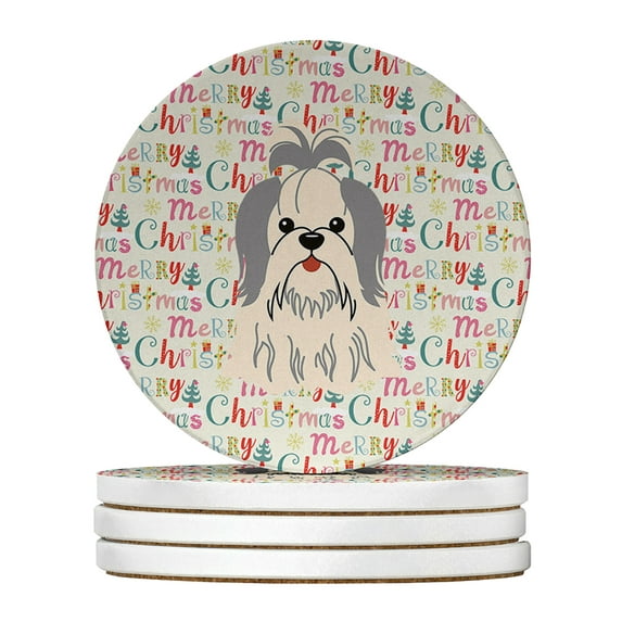 Merry Christmas Shih Tzu Silver White Large Sandstone Coasters Pack of 4 4 in x 4 in