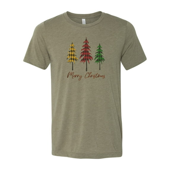 "Merry Christmas Shirt, Plaid Christmas Tree, Unisex Fit, Christmas Shirt, Sublimation, Soft Bella T, Holiday Tee, Christmas Gift, Santa Tee, Heather Olive, 2XL"