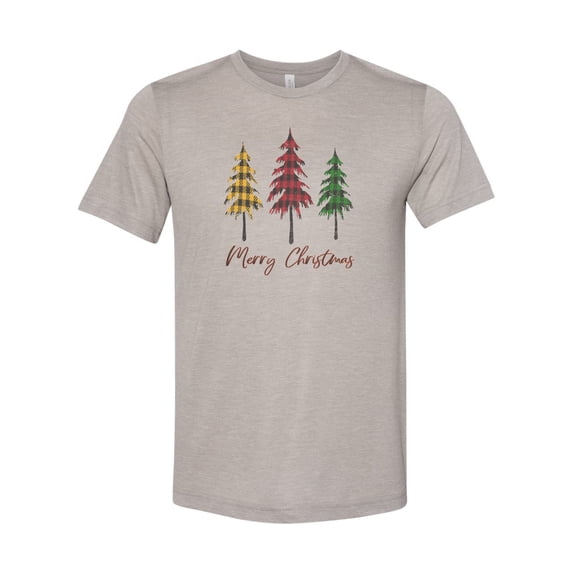 "Merry Christmas Shirt, Plaid Christmas Tree, Unisex Fit, Christmas Shirt, Sublimation, Soft Bella T, Holiday Tee, Christmas Gift, Santa Tee, Heather Stone, LARGE"