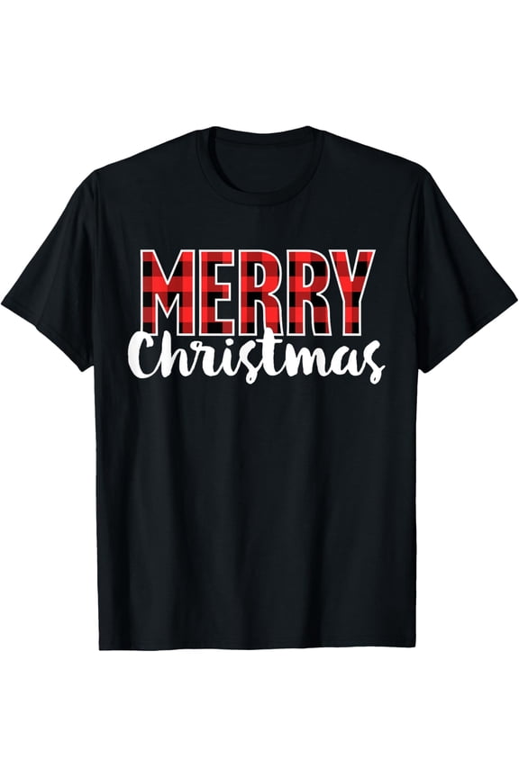 Merry Christmas Shirt Women Men Kids Red Buffalo Plaid Xmas T-ShirtMen and women, Black T-shirt, size: Extra large S-4XL