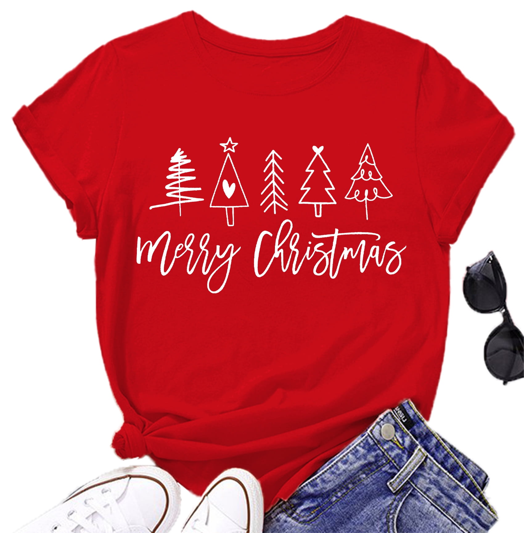 Merry Christmas Shirt for Women Christma Tree Tshirt Short Sleeve Holiday Tee Xmas Gift Tops