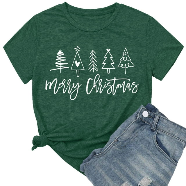 Merry Christmas Shirt for Women Christma Tree Tshirt Short Sleeve