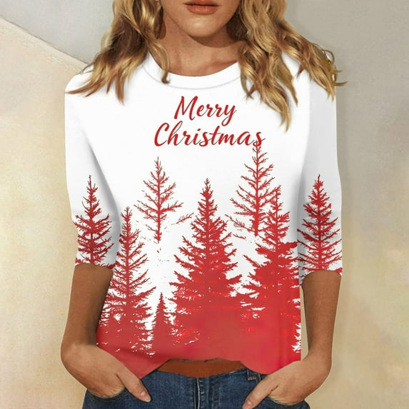 Merry Christmas Shirts Women Tree Graphic Print T Shirt 3/4 Sleeve Raglan Christmas Tee Tops Red B XXL