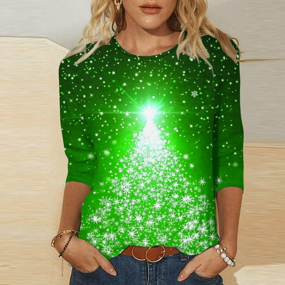 Merry Christmas Shirts Women'S 3/4 Sleeve Xmas Tree Vintage Graphic Tee Tops Holidays Round-Neck Pullover T Shirt Blouse Red XXL