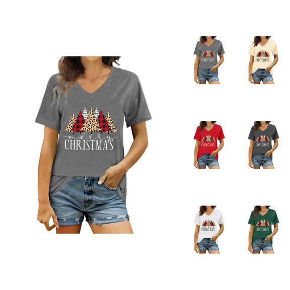 Merry Christmas Shirts for Women 2025 Short Sleeve V Neck Graphic T Shirt Holiday Xmas Blouse Tops