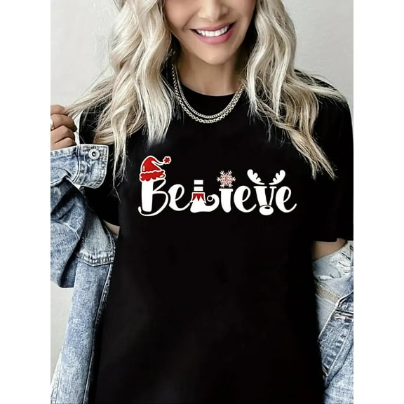 Merry Christmas Shirts for Women Believe Graphic T-Shirt Short Sleeve Casual Top