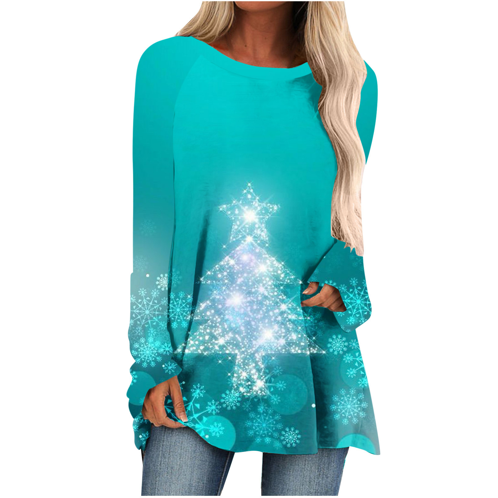 Merry Christmas Shirts for Women Glitter Xmas Tree Graphic Long Sleeve