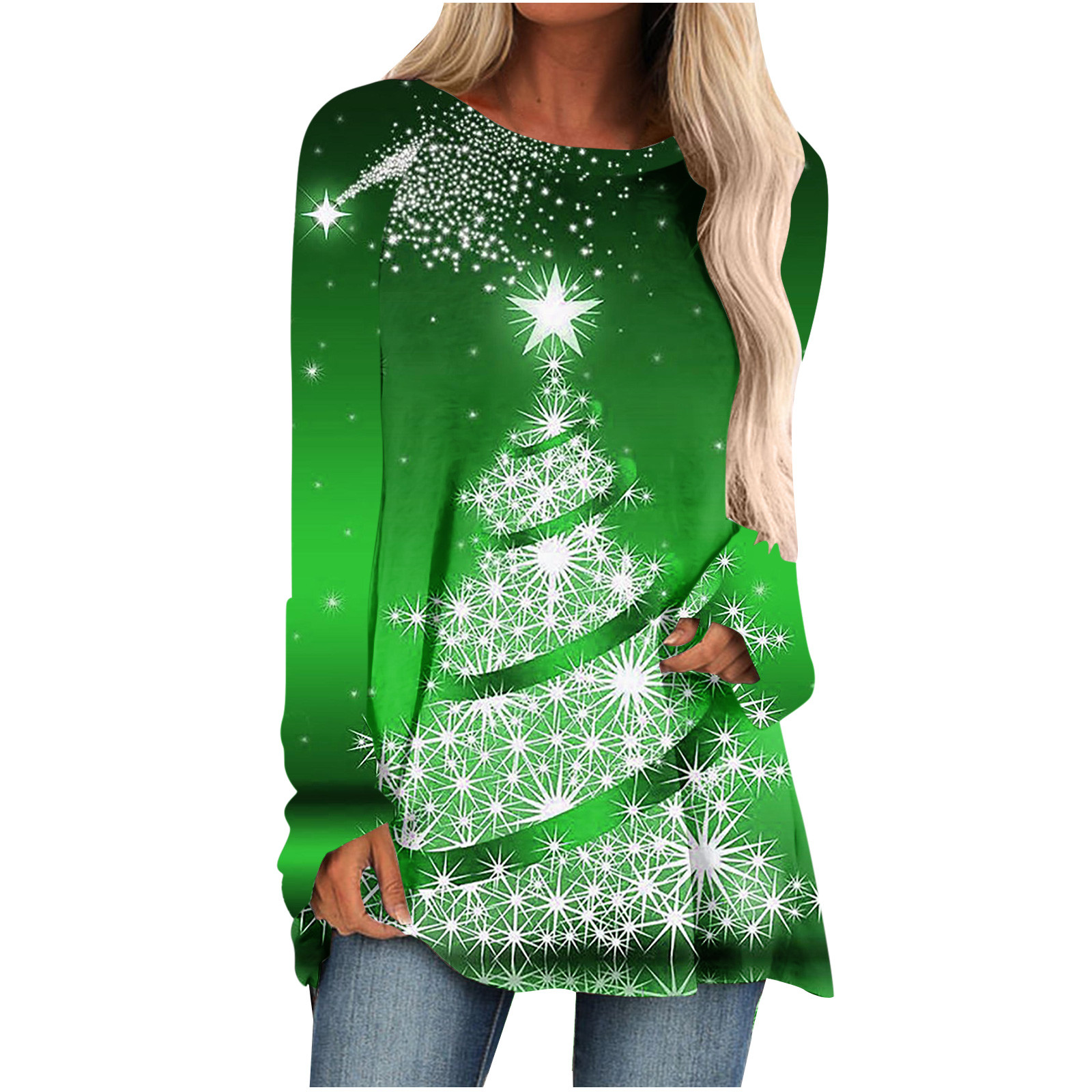 Merry Christmas Shirts for Women Glitter Xmas Tree Graphic Long Sleeve