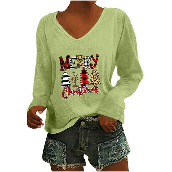 Merry Christmas Shirts for Women Leopard Plaid Tree Graphic Shirts Causal V Neck Long Sleeve Shirts Holiday Party Top on Womens Sweatshirt