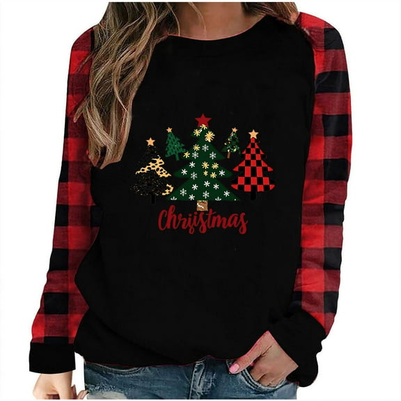Merry Christmas Shirts for Women Plaid Raglan Long Sleeve Thin Crewneck Sweatshirt Xmas Tree Print Holiday Tops (M, Red 01)