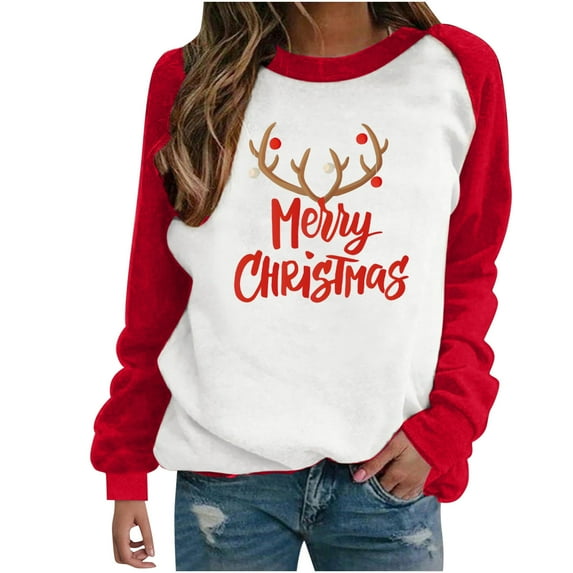 Merry Christmas Shirts for Women Plus Size Xmas Santa Hat Print Sweatshirt Long Sleeve Baseball T-Shirt Crewneck Casual Top