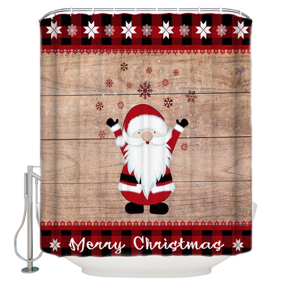 Merry Christmas Shower Curtain, 36" x 72", Gnome Elves on Retro Wooden Board Waterproof Bathroom Curtain Washable Shower Curtain Set with 12 Hooks