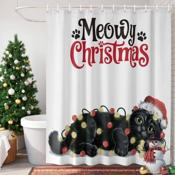 Merry Christmas Shower Curtain, 60" x 72", Black Cat with Red Hat Xmas Color Light Waterproof Bathroom Curtain Washable Shower Curtain Set with 12 Hooks