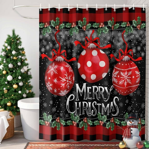 Merry Christmas Shower Curtain, 60" x 72", Red Xmas Balls Poinsettia Black Red Plaid Waterproof Bathroom Curtain Washable Shower Curtain Set with 12 Hooks