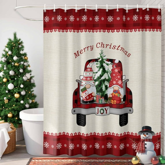 Merry Christmas Shower Curtain, 66" x 72", Red Xmas Trucks Gnome Pine Tree Snow Linen Waterproof Bathroom Curtain Washable Shower Curtain Set with 12 Hooks