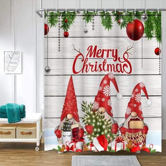 Merry Christmas Shower Curtain 72x72 Inches Gnomes Christmas Tree Branch Red Bell Shower White Wooden Floor Farmhouse Xmas Gift Decor Fabric Waterproof Curtain Include Hook
