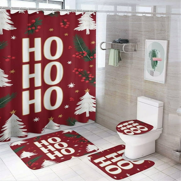 Merry Christmas Shower Curtain Bathroom Sets Toilet Lid Rug, Rugs Mat Bath Mat And Contour Mat, Shower Curtain 4Pcs