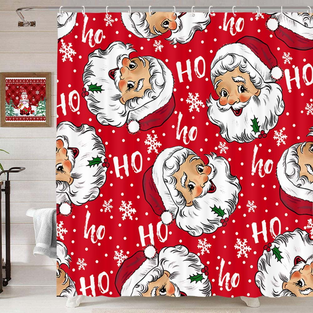 Merry Christmas Shower Curtain for Bathroom, Vintage Santa Claus Red Fabric Bath Curtains, Retro