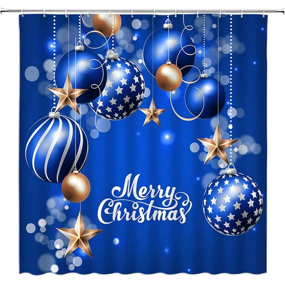 Merry Christmas Shower Curtain Blue Christmas Balls Snowflake Winter Holiday Happy New Year Dream Xmas Ball Fabric Bathroom Curtains Decor Set with Hook(84" Wx72 H)