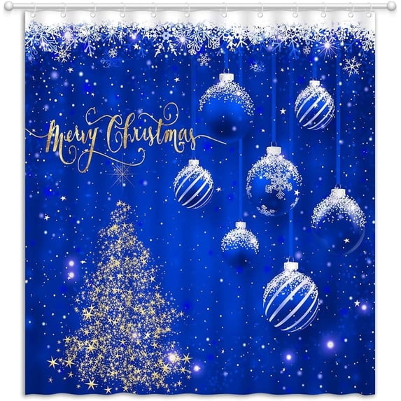 Merry Christmas Shower Curtain Blue Xmas Balls Snowflake Gold Xmas Tree Winter Snow Happy New Year Festival Decor Fabric Bathroom Curtain with Hook