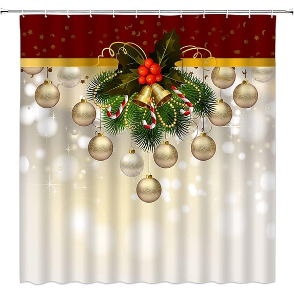 Merry Christmas Shower Curtain Christmas Ball Pine Leaf Dreamy Xmas Bells Berry Happy New Year Winter Holiday Fabric Bathroom Curtains Decor Set with Hook(72" WX72 H)