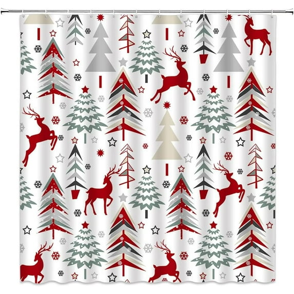 Merry Christmas Shower Curtain Colorful Xmas Tree Snowflake Blue Gray White Cartoon Rustic Farmhouse Vintage Winter Holiday Seasonal Festival Fabric Bathroom Decor Curtain Holiday Gift