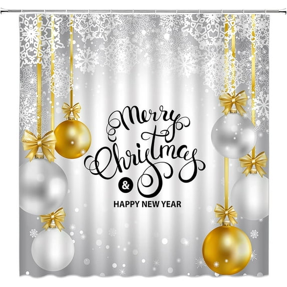 Merry Christmas Shower Curtain Gold Silver Christmas Xmas Balls Snowflake Glitter Winter Holiday Happy New Year Festival Art Print Decoration Fabric Bathroom Curtain Set with Hook