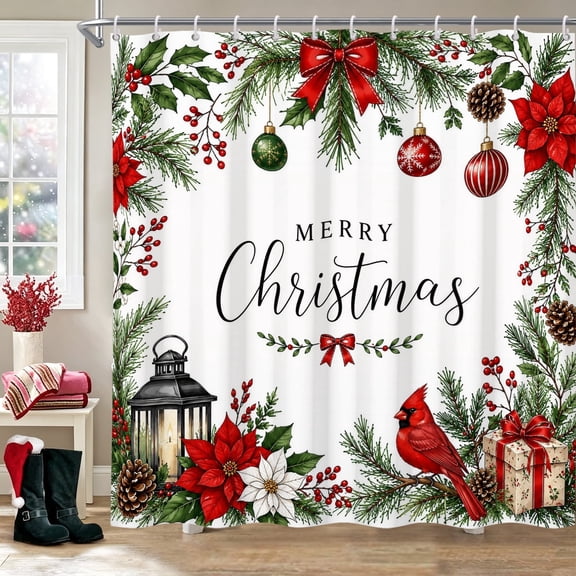 Merry Christmas Shower Curtain, Merry Christmas Pine Wreath, Modern Christmas Ornament for Bathroom, 72x72 Inch