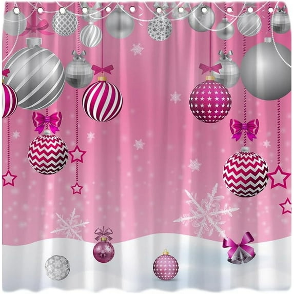 Merry Christmas Shower Curtain Pink Xmas Balls Snowflake Winter Snow Happy New Year Festival Decor Fabric Bathroom Curtain with Hook