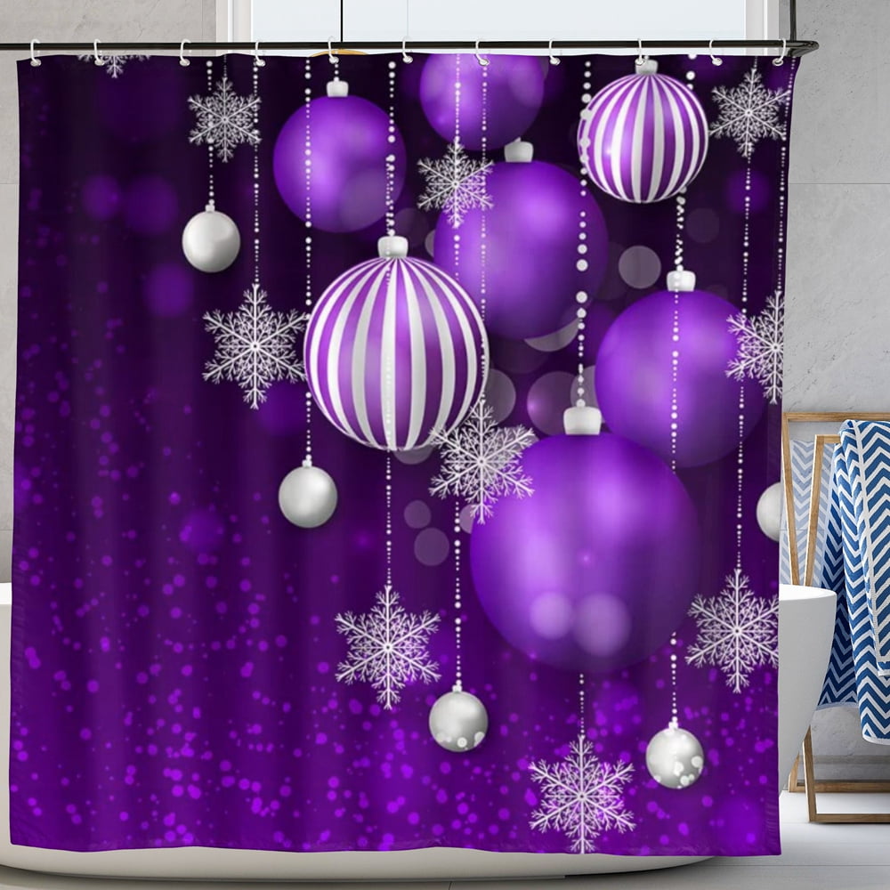 Merry Christmas Shower Curtain Purple Christmas Balls Snowflake Xmas
