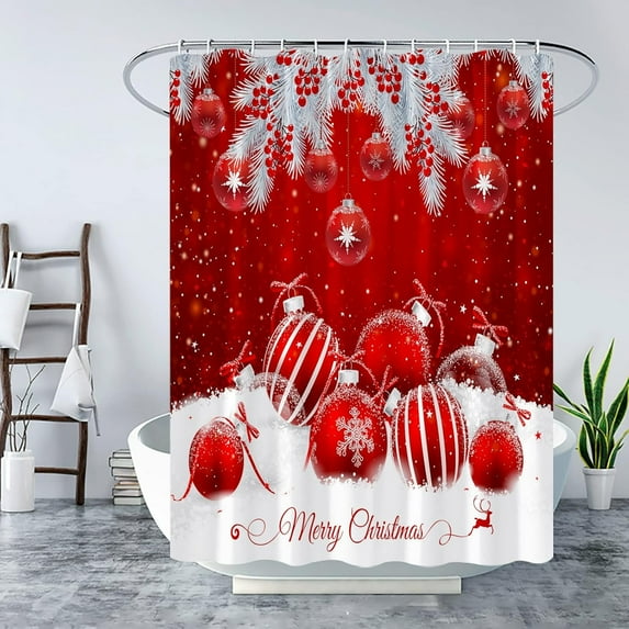 Merry Christmas Shower Curtain Red Christmas Ball Berry White Xmas Snow Pine Fir Branch Leaf Winter Holiday Glittering Bling Happy New Year Fabric Bathroom Curtain Set Decor with Hook