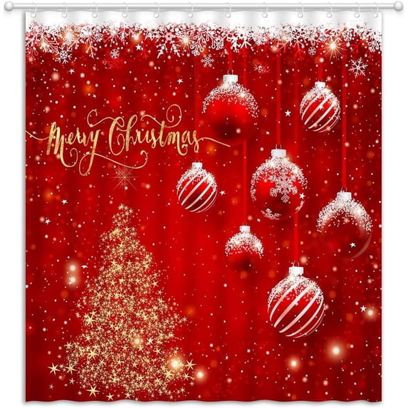 Merry Christmas Shower Curtain Red Xmas Balls Gold Snowflake Stars Christmas Tree Winter Snow Glitter Happy New Year Festival Decoration Fabric Bathroom Curtain with Hook