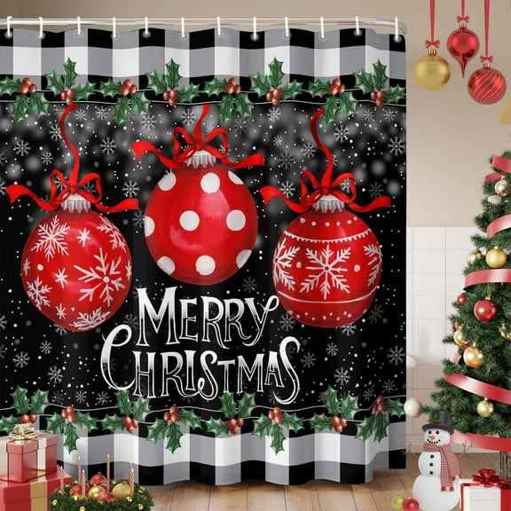 Merry Christmas Shower Curtain, Red Xmas Balls Snowflake Black Plaid Waterproof Fabric Shower Curtains with 12 Hooks, Bathroom Curtain Set for Bathroom Accessories Decor, 36 x 78 Inches