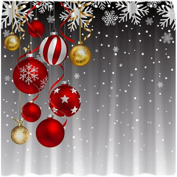 Merry Christmas Shower Curtain Red Yellow Xmas Balls Snowflake Winter Snow Happy New Year Festival Decor Fabric Bathroom Curtain with Hook