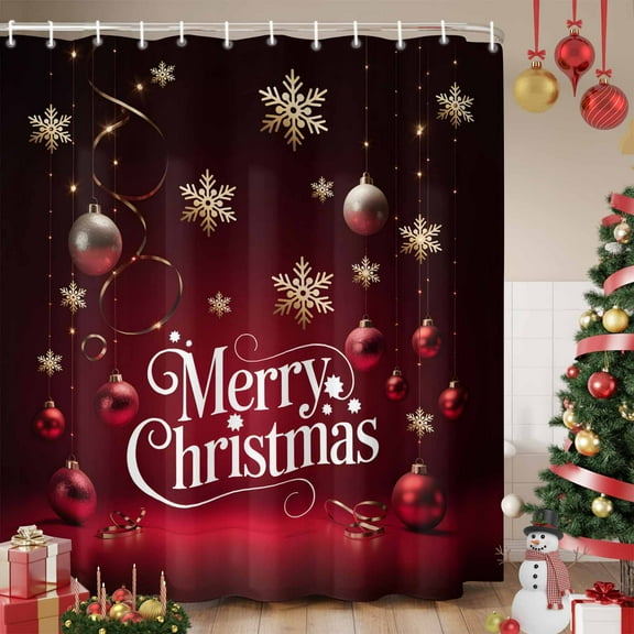 Merry Christmas Shower Curtain, Retro Red Ball Xmas Snowflakes New Year Waterproof Fabric Shower Curtains with 12 Hooks, Bathroom Curtain Set for Bathroom Accessories Decor, 60 x 72 Inches